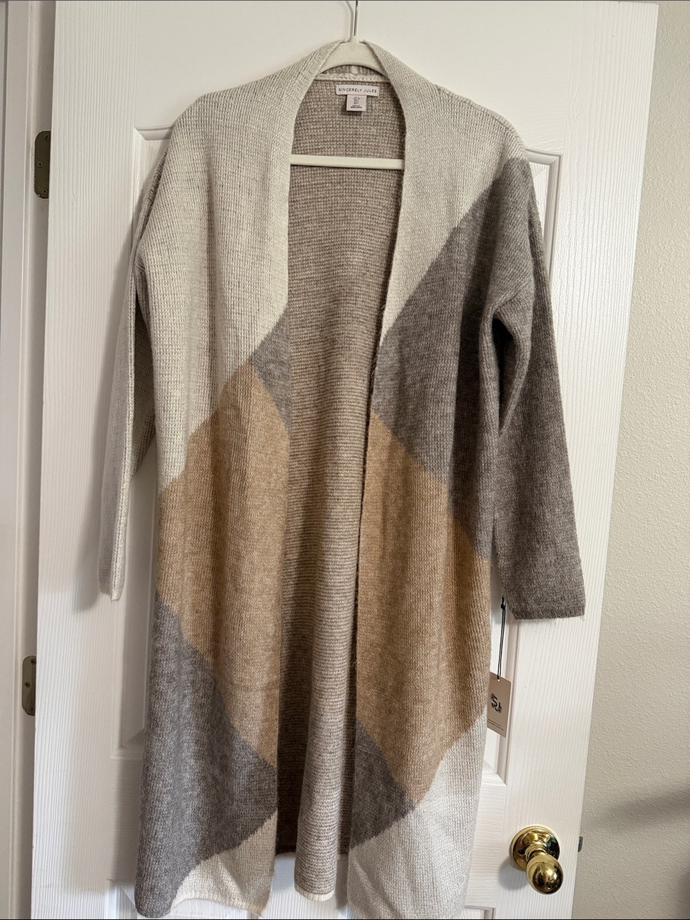 Sincerely Jules Open-Front Colorblock Long Cardigan - Cream, Taupe & Gray